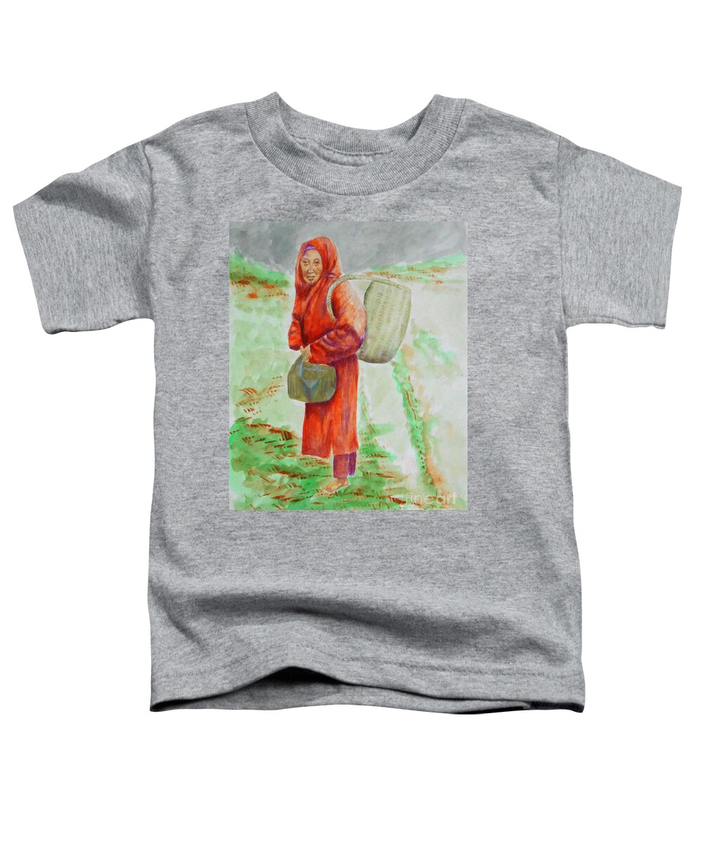 Asian Toddler T-Shirt featuring the painting Bundled and Barefoot -- Portrait of Old Asian Woman Outdoors by Jayne Somogy