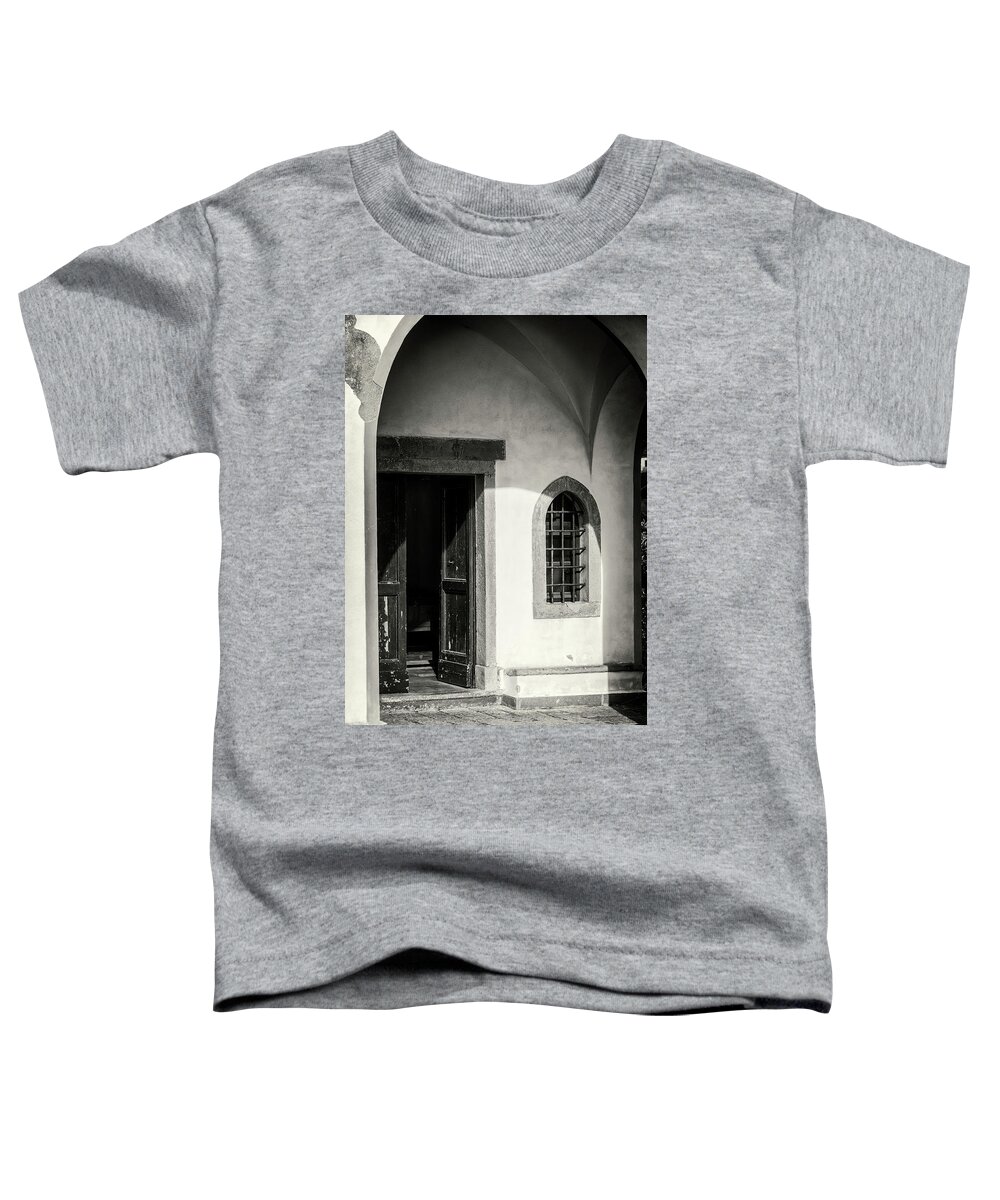 Joan Carroll Toddler T-Shirt featuring the photograph Chapel In Riomaggiore Cinque Terre Italy BW by Joan Carroll