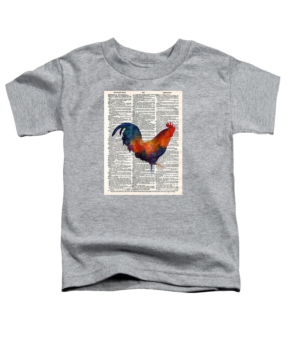 Rooster Toddler T-Shirt featuring the painting Colorful Rooster on Vintage Dictionary by Hailey E Herrera