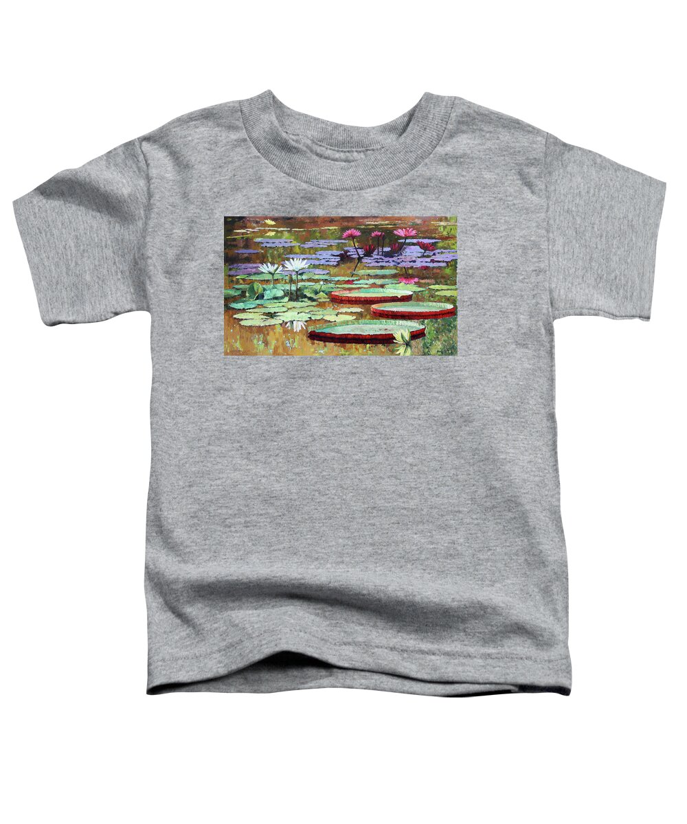 Garden Pond Toddler T-Shirt featuring the painting Colors on the Lily Pond by John Lautermilch
