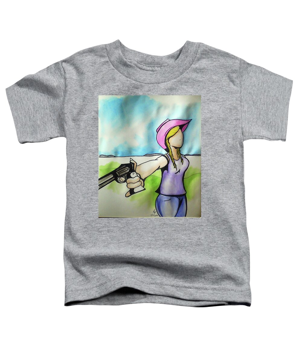 Cowgirl Toddler T-Shirt featuring the painting Cowgirl with gun by Loretta Nash