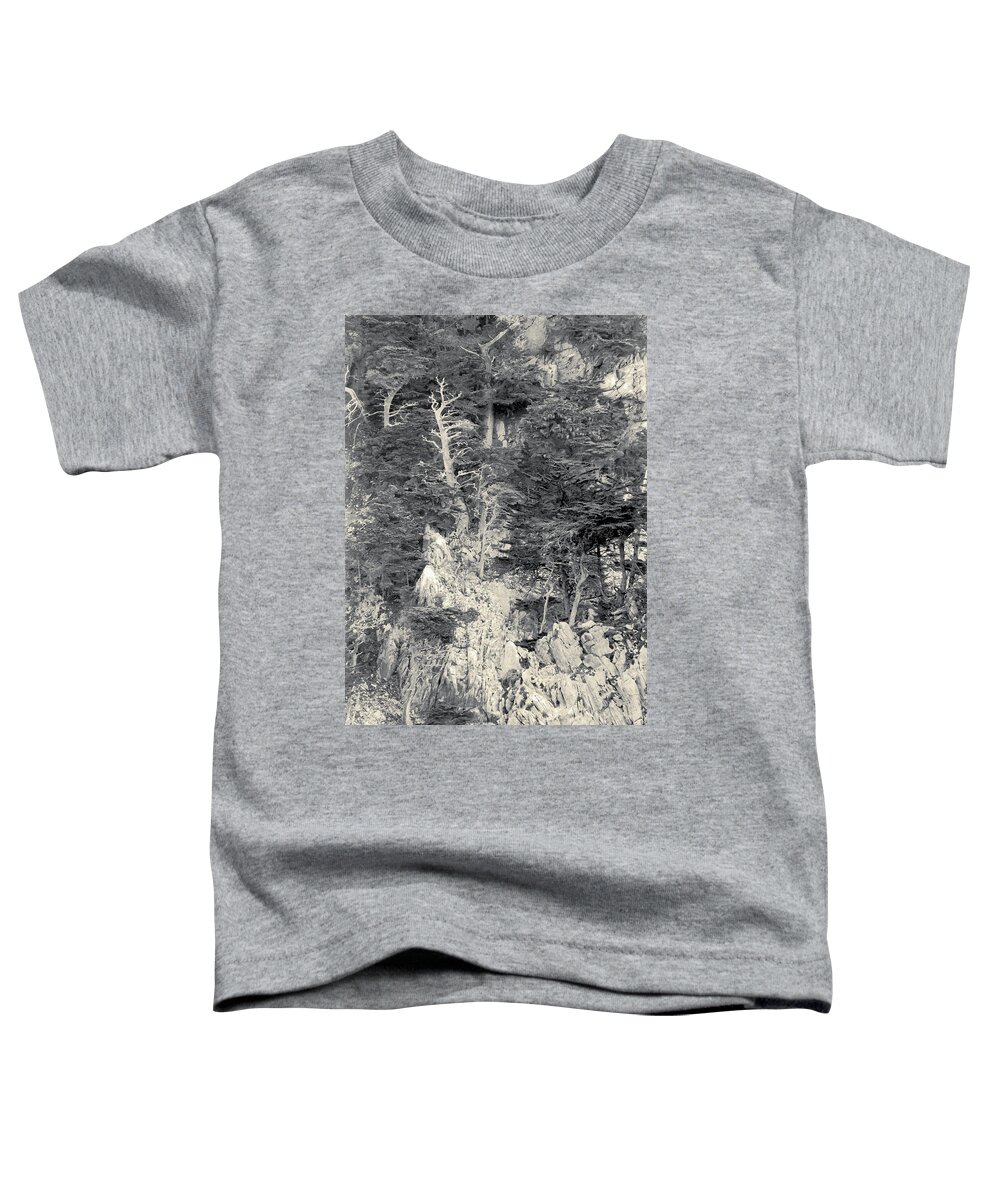 Cypress Toddler T-Shirt featuring the digital art Cypress Strewn Cliff, Carmel Bay, Point Lobos, State Park Carmel, California by Kathy Anselmo