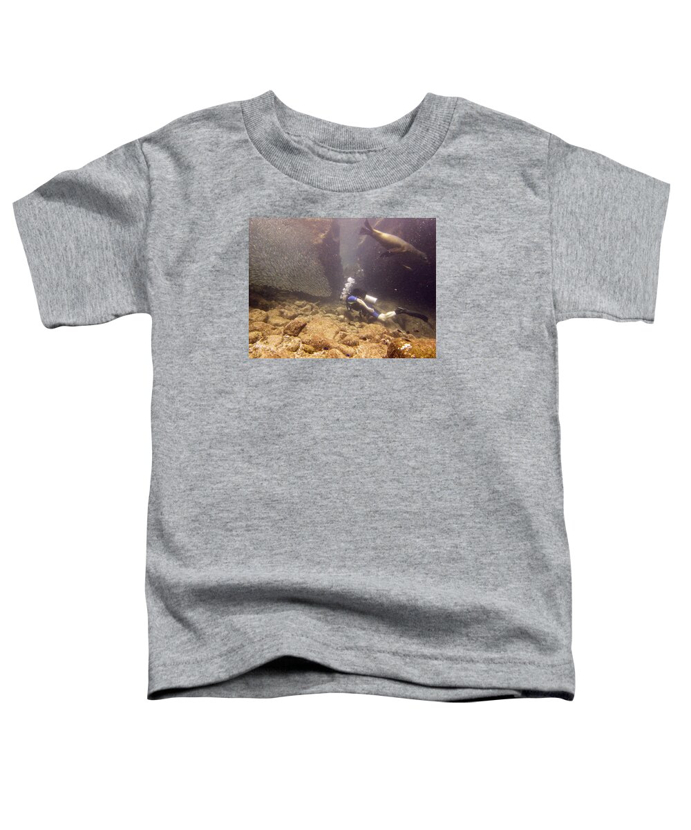 Underwater Toddler T-Shirt featuring the photograph Diver and Sea Lion by Matt Swinden