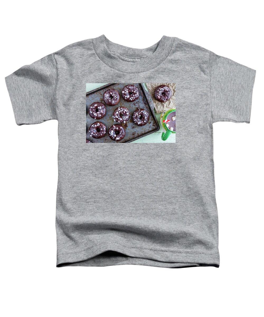 Christmas Breakfast Toddler T-Shirt featuring the photograph Double Chocolate Peppermint Iced Donuts by Teri Virbickis