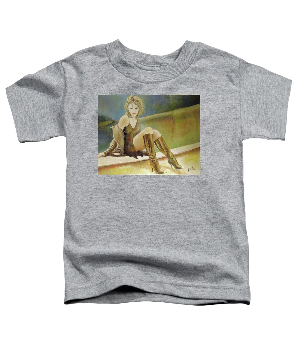 Liz Hurley Toddler T-Shirt featuring the painting Elizabeth Hurley by Jean-Marc Robert