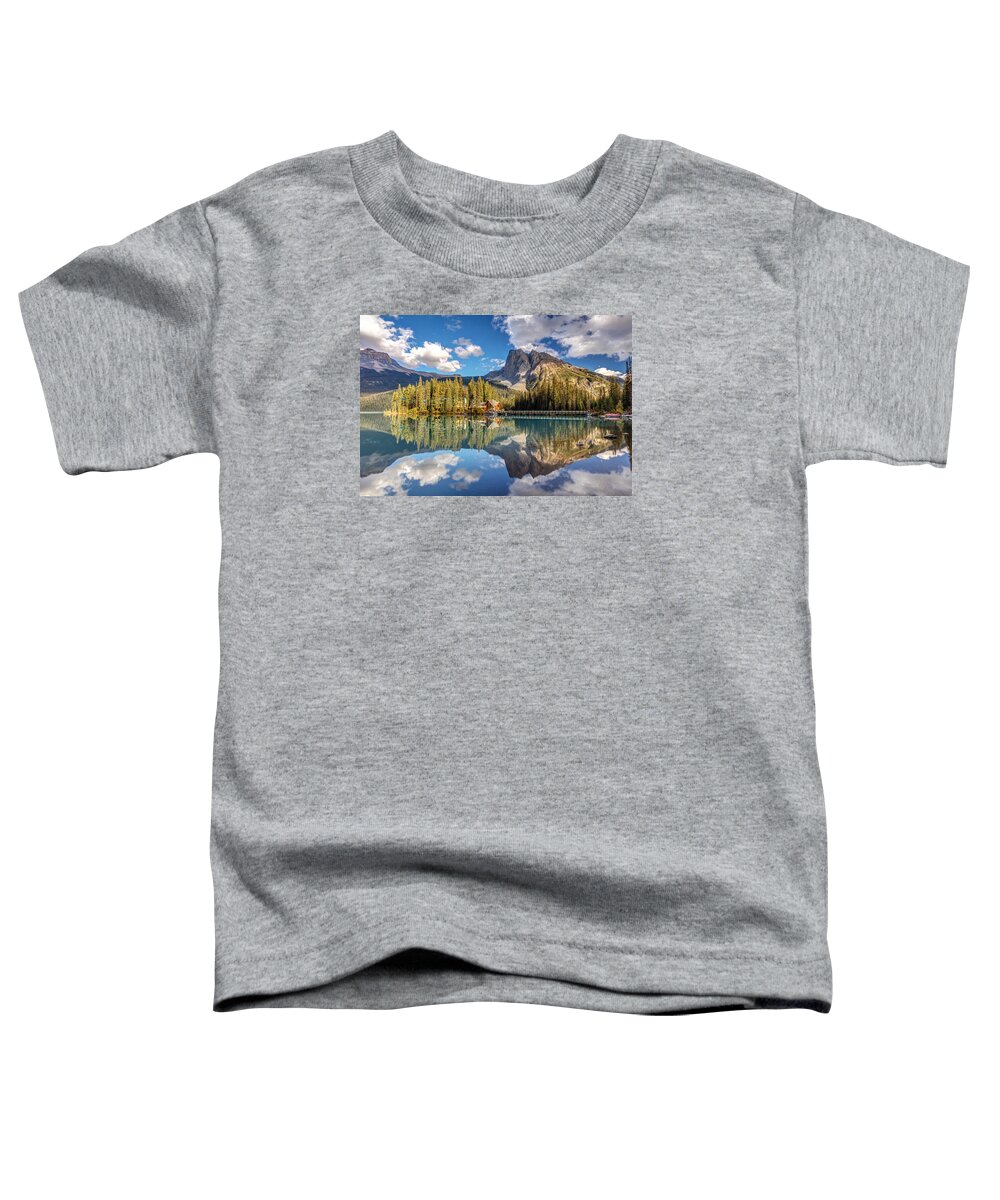 Emerald Lake Toddler T-Shirt featuring the photograph Emerald Lake Lodge Reflection by Pierre Leclerc Photography