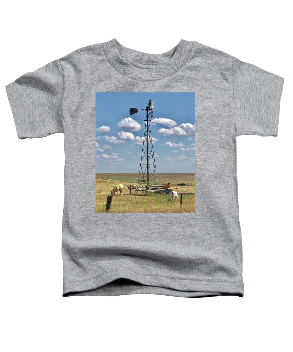 Driving On A Country Road In Kansas I Saw This Scene. Had To Stop To Take A Pic. Cows Toddler T-Shirt featuring the photograph Farmlife memories by Shirley Heier