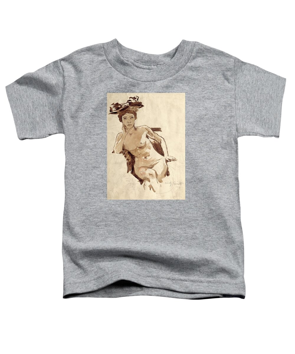 Lovis Corinth Toddler T-Shirt featuring the drawing Female Semi-Nude with Hat by Lovis Corinth