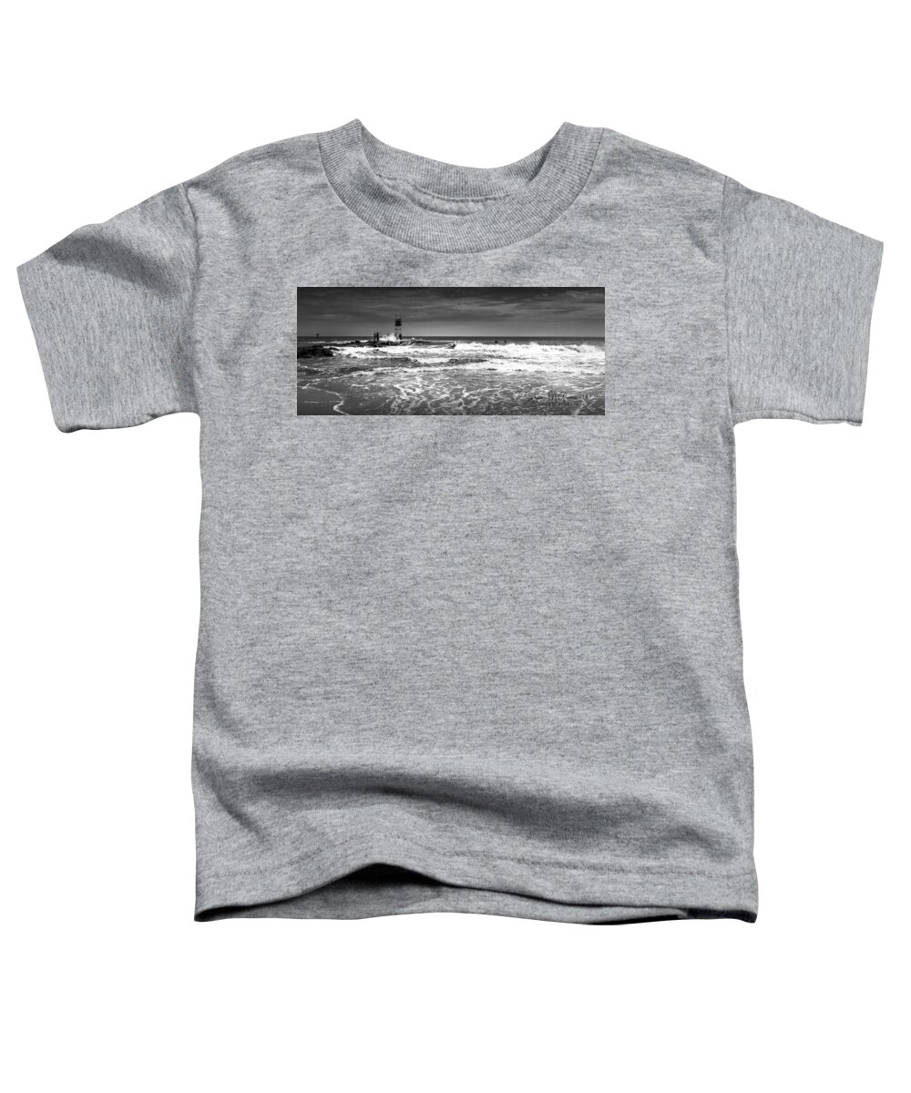 Ocean Toddler T-Shirt featuring the photograph Fishing the Wrong Side BW by Shawn M Greener