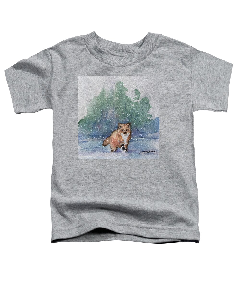 Christmas Cards By Rebecca Matthews Toddler T-Shirt featuring the painting Fox in snow by Rebecca Matthews