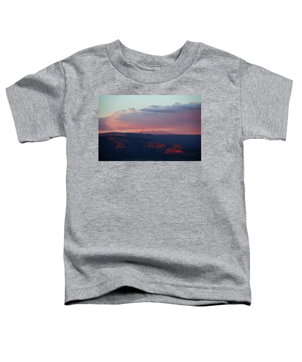 Flagstaff Toddler T-Shirt featuring the photograph Flagstaff's San Francisco Peaks Snowy Sunset by Ron Chilston