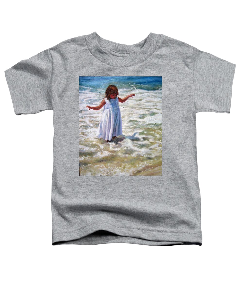 Children At Beach Toddler T-Shirt featuring the painting Flying in the Surf by Marie Witte