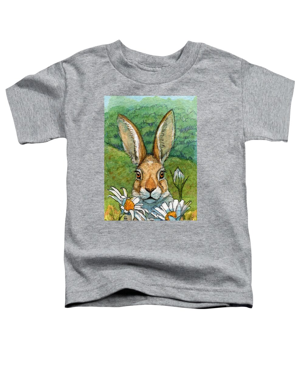 Animal Toddler T-Shirt featuring the painting Funny bunnies - with Chamomiles 889 by Svetlana Ledneva-Schukina