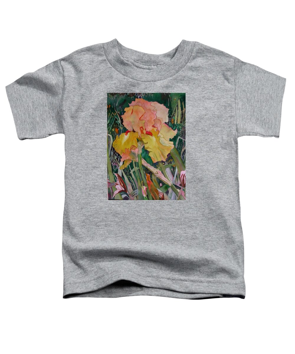 Yellow Toddler T-Shirt featuring the painting Golden Garden Iris by Caroline Henry