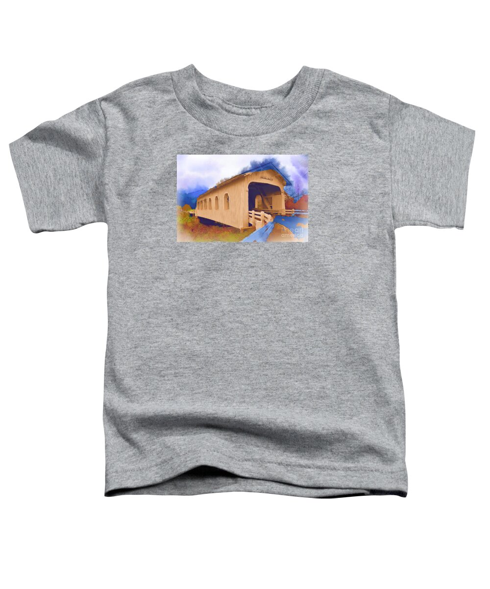 Covered-bridge Toddler T-Shirt featuring the digital art Grave Creek Covered Bridge In Watercolor by Kirt Tisdale