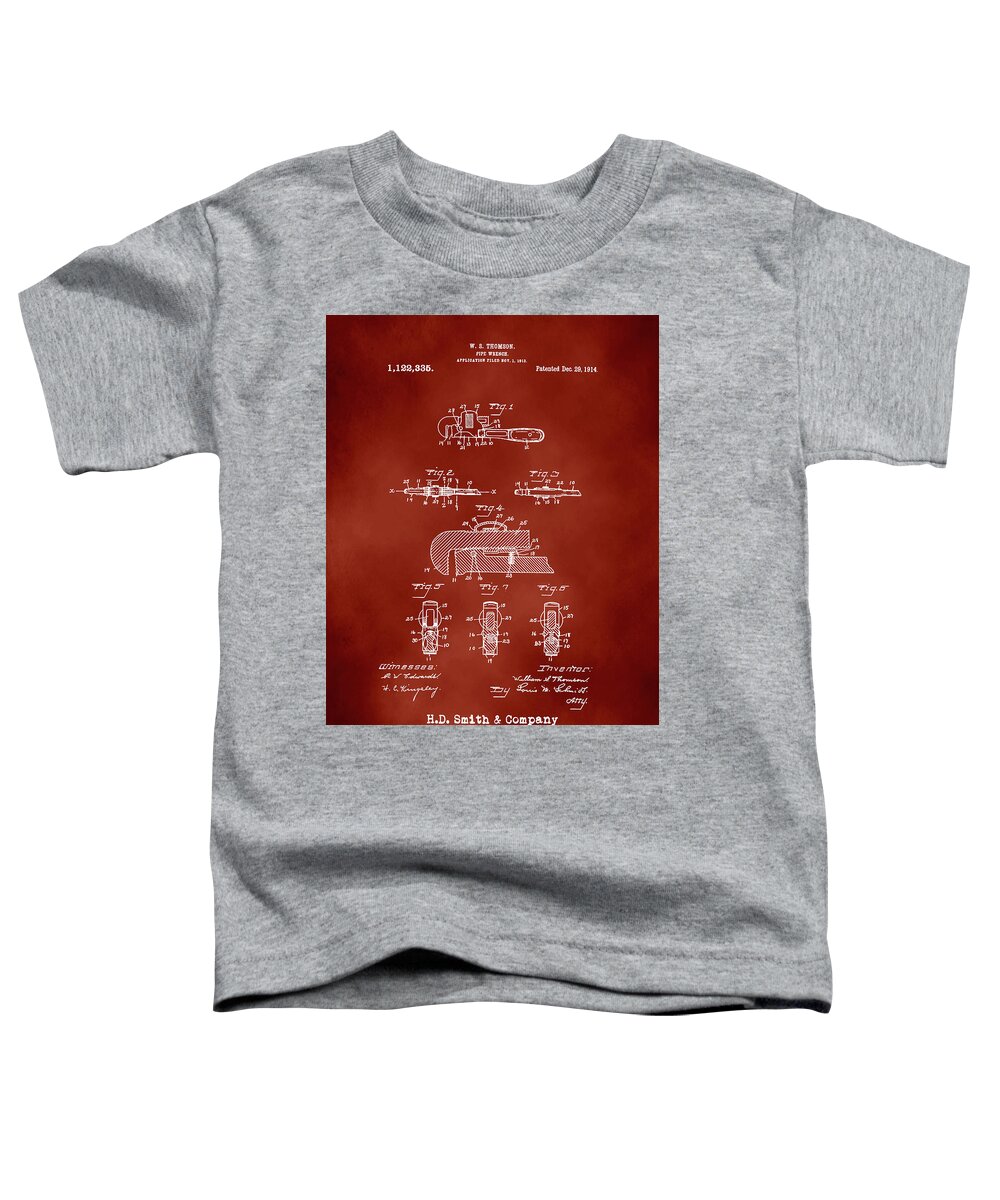 H D Smith Toddler T-Shirt featuring the digital art H. D. Smith Perfect Handle Pipe Wrench Patent White on Red by David Smith