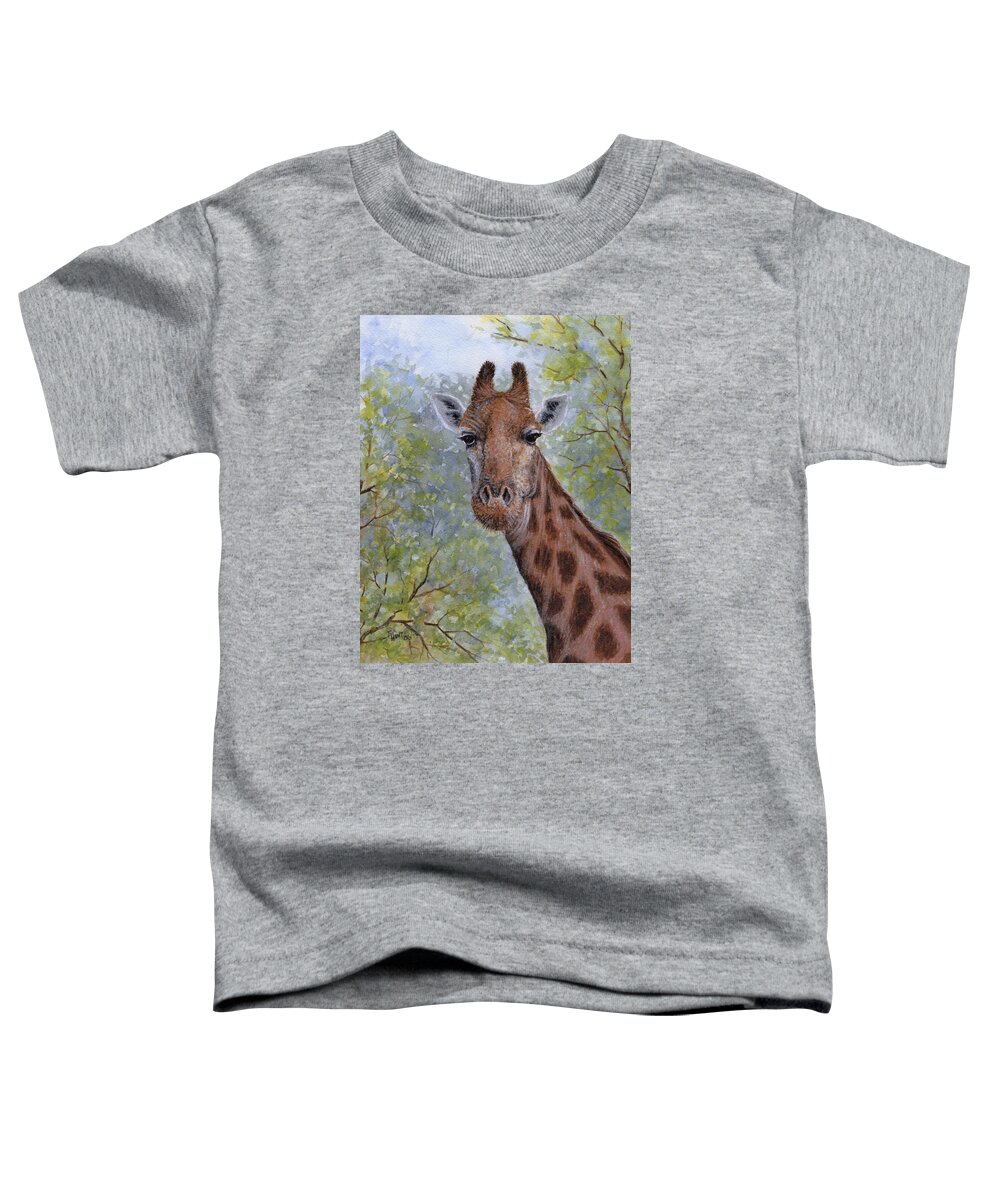 Giraffe Toddler T-Shirt featuring the painting Here's Looking at You by June Hunt