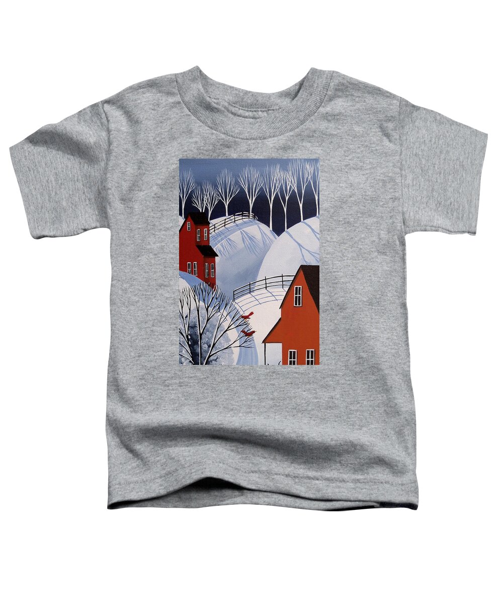 Folk Art Toddler T-Shirt featuring the painting Hi Friends - cardinal red bird cat folk art by Debbie Criswell