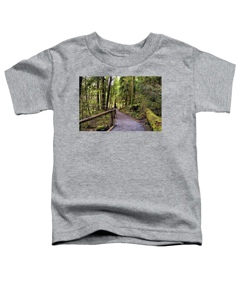 Alex Lyubar Toddler T-Shirt featuring the photograph Hiking trail through the wet firest by Alex Lyubar