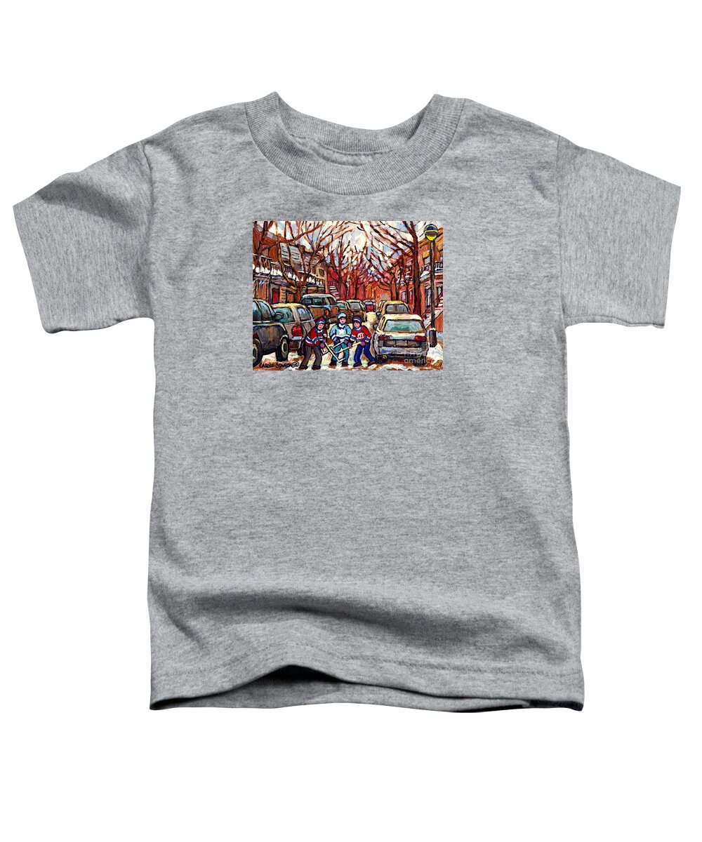 Montreal Toddler T-Shirt featuring the painting Hockey Art Winter Scene Painting After The Snow Streets Of Pointe St Charles Art Carole Spandau by Carole Spandau