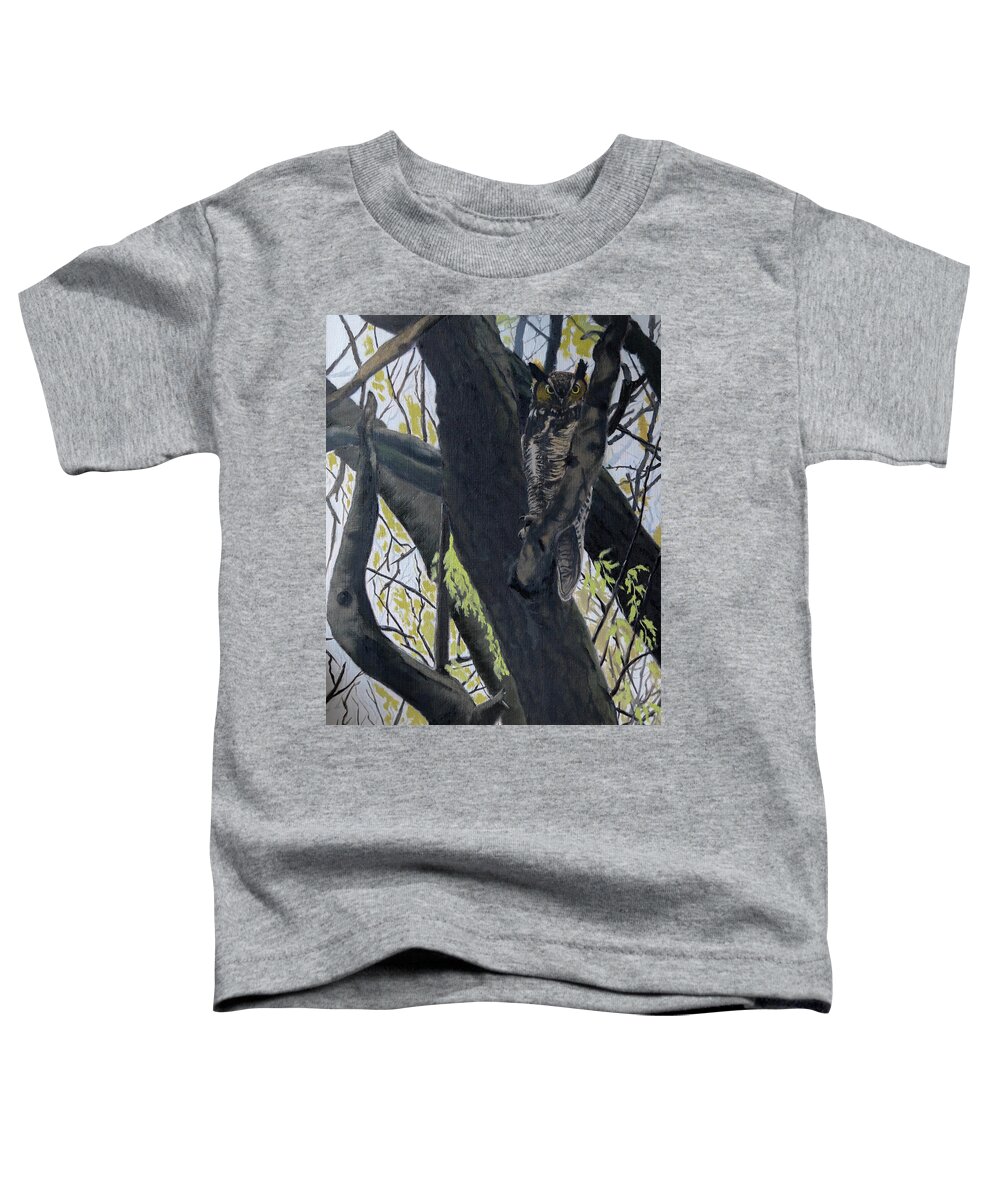 Great Horned Owl Toddler T-Shirt featuring the painting In the shadow-Ojibway great horn owl by Wade Clark