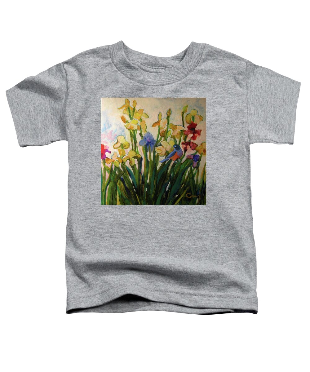 Yelllow Toddler T-Shirt featuring the painting Irises and Bird by Constance Gehring