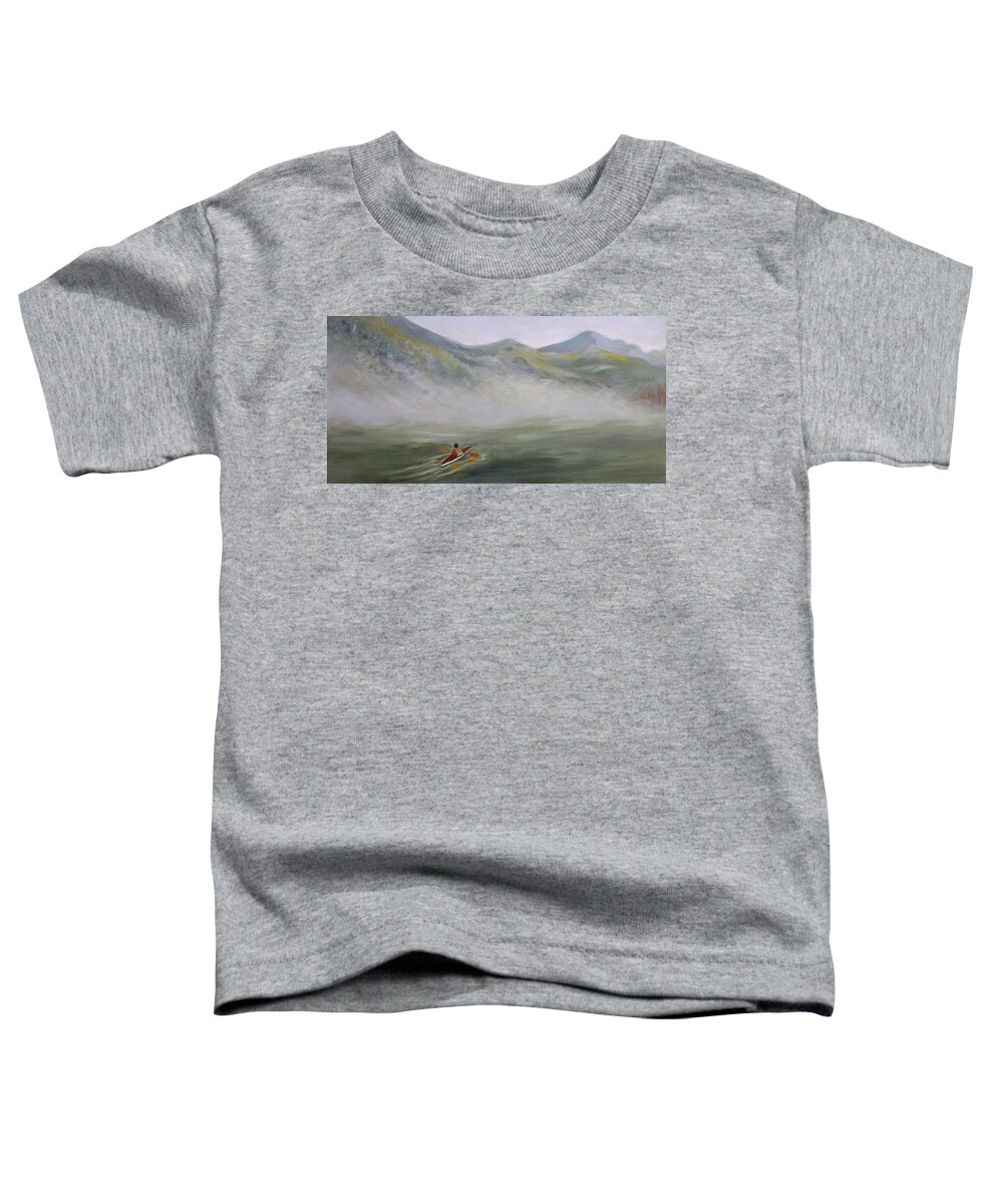 Landscape Toddler T-Shirt featuring the painting Kayaking Through the Fog by Jo Smoley