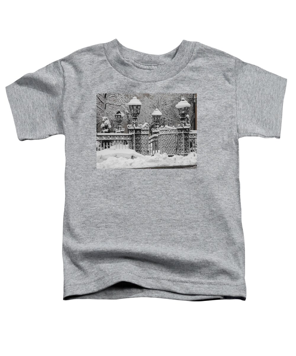 Country Club Plaza Toddler T-Shirt featuring the photograph KC Plaza is Art in the Snow by Michael Oceanofwisdom Bidwell
