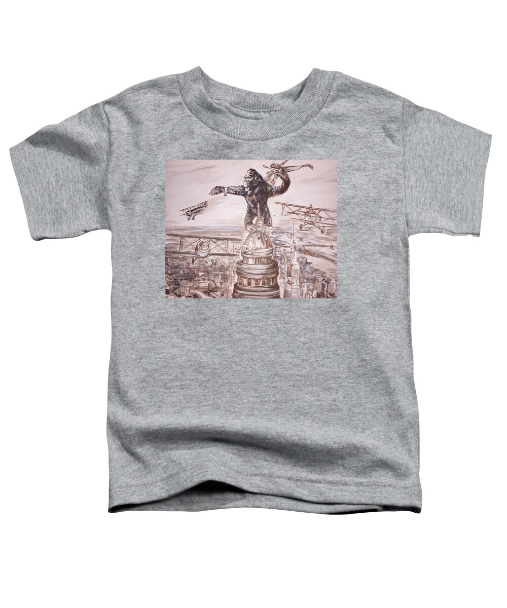 King Kong 1933 Bruce Cabot Robert Armstrong Fay Wray Creature Features Rko Radio Pictures Silver Screen Toddler T-Shirt featuring the painting King Kong - Atop The Empire State Building by Jonathan Morrill