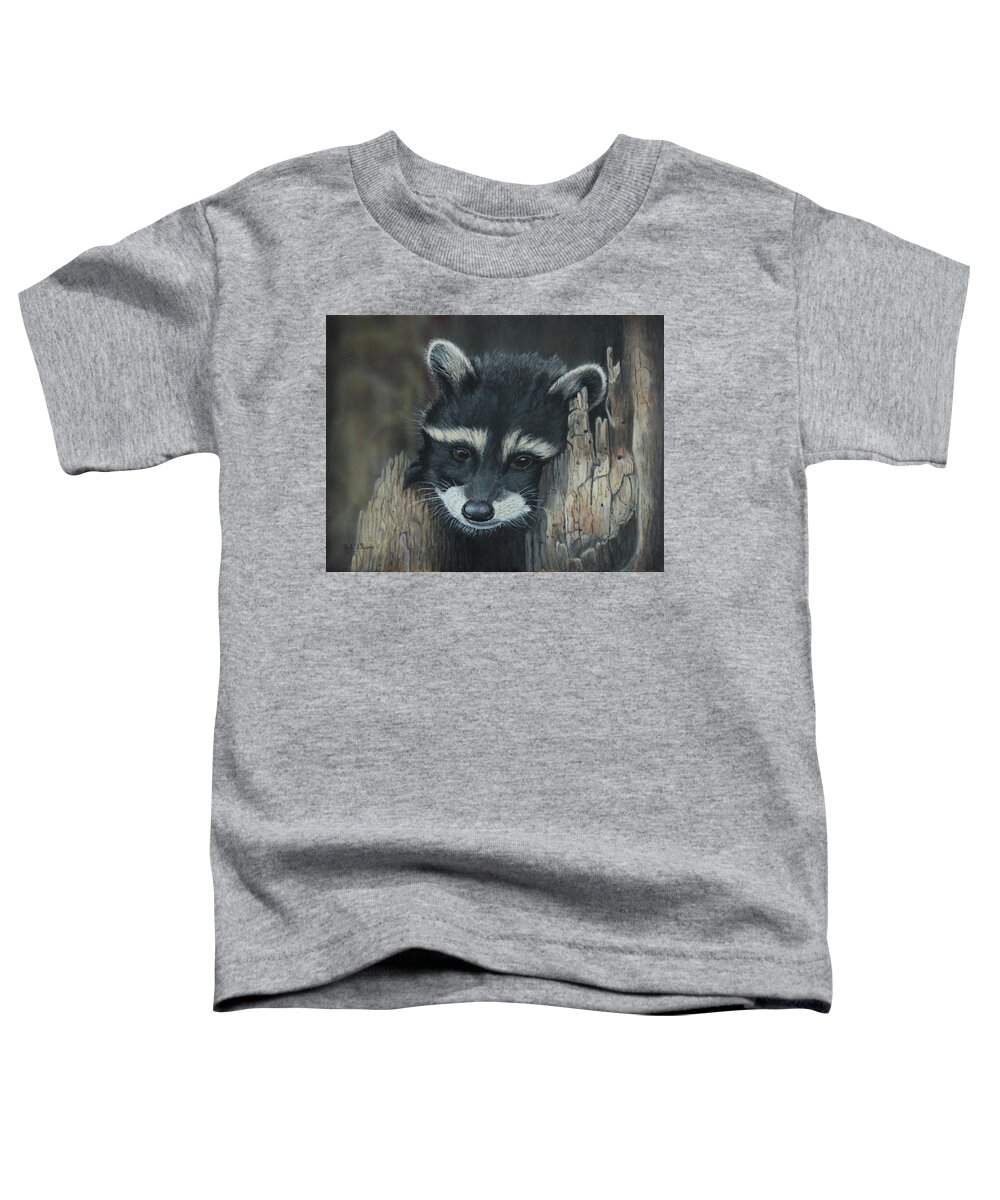 Raccoon Toddler T-Shirt featuring the painting Kit...The baby raccoon by Bob Williams