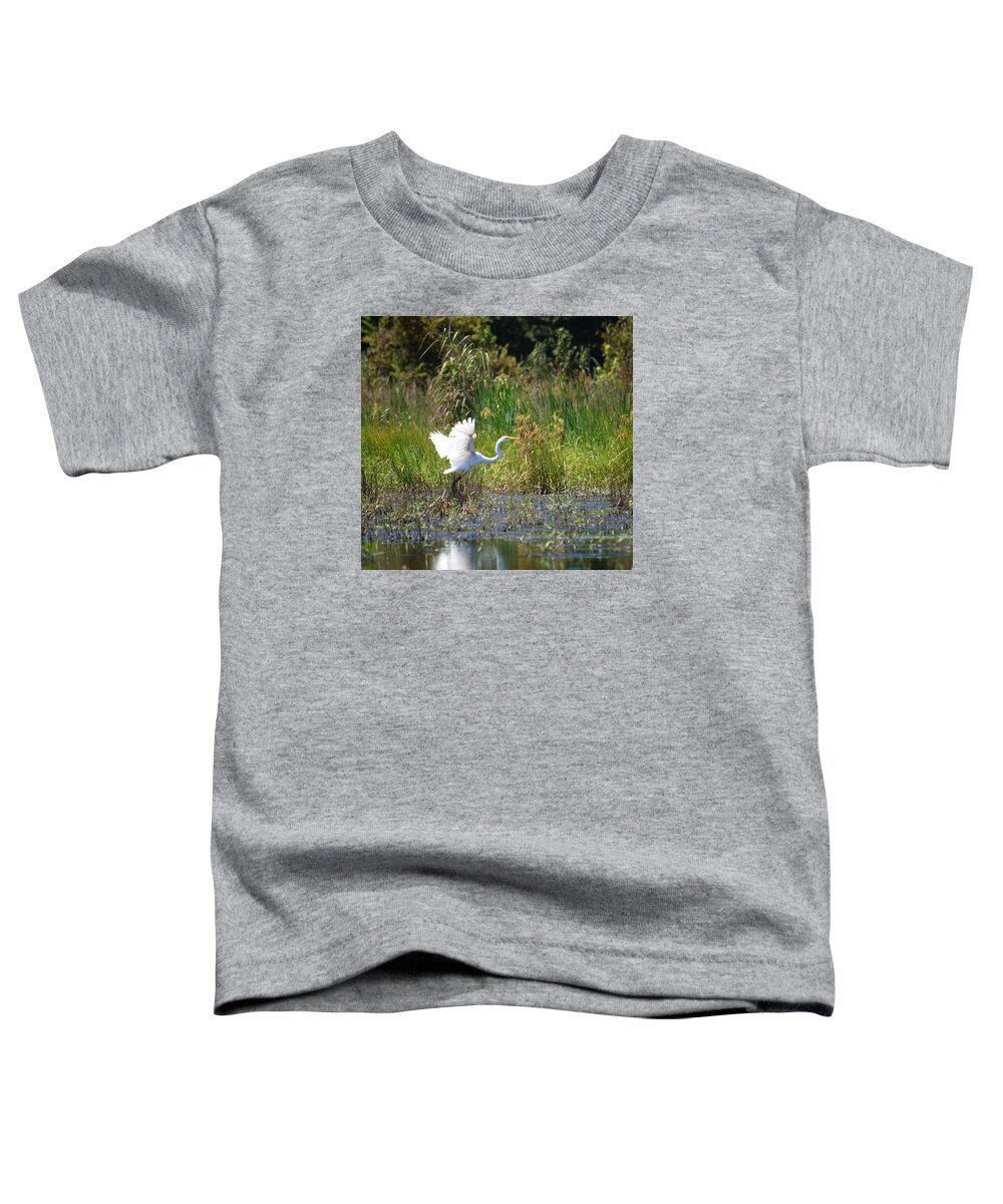 Lifting Off - Egret Toddler T-Shirt featuring the photograph Lifting Off - Egret by Maria Urso