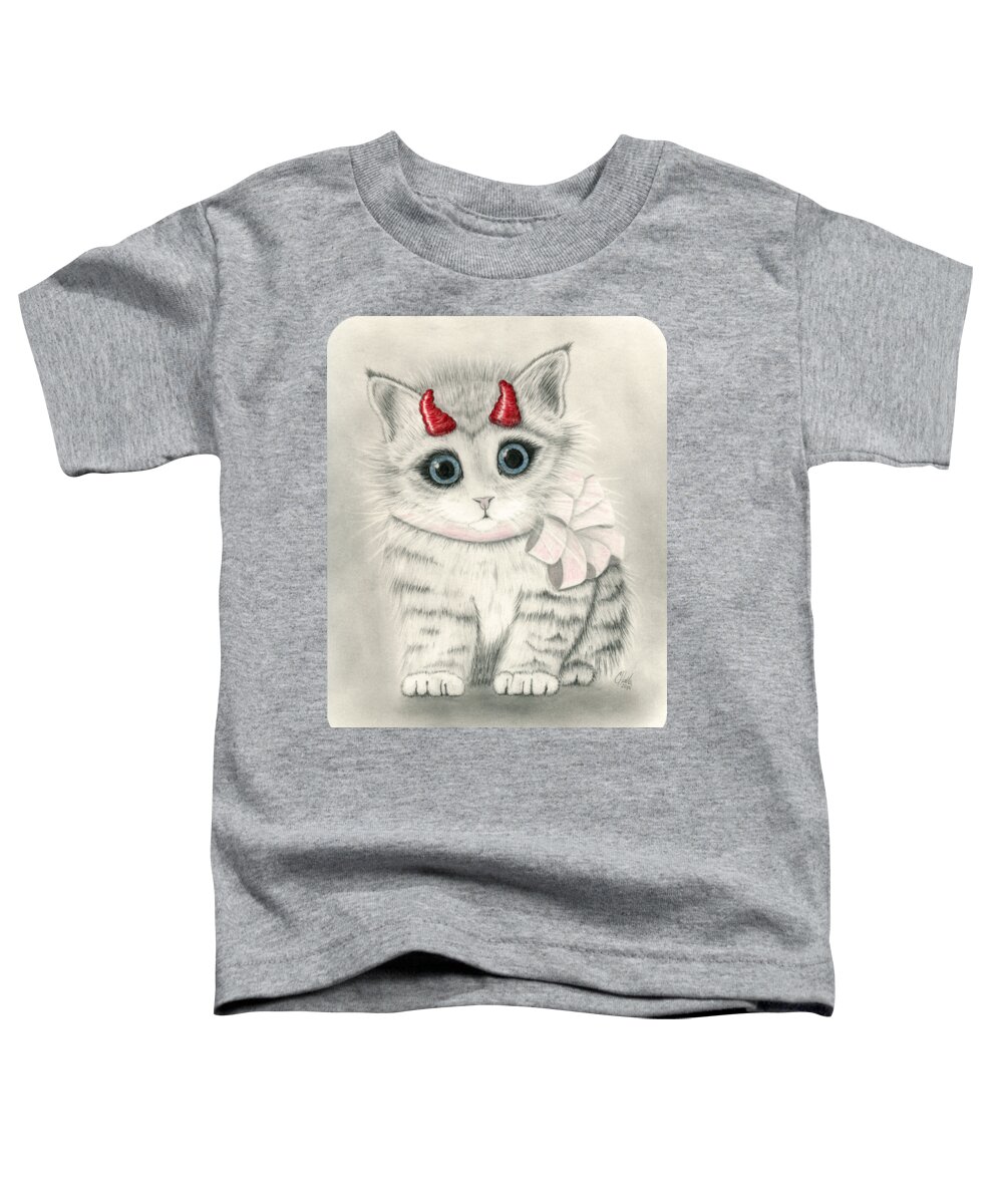 Cute Kitten Toddler T-Shirt featuring the drawing Little Red Horns - Cute Devil Kitten by Carrie Hawks