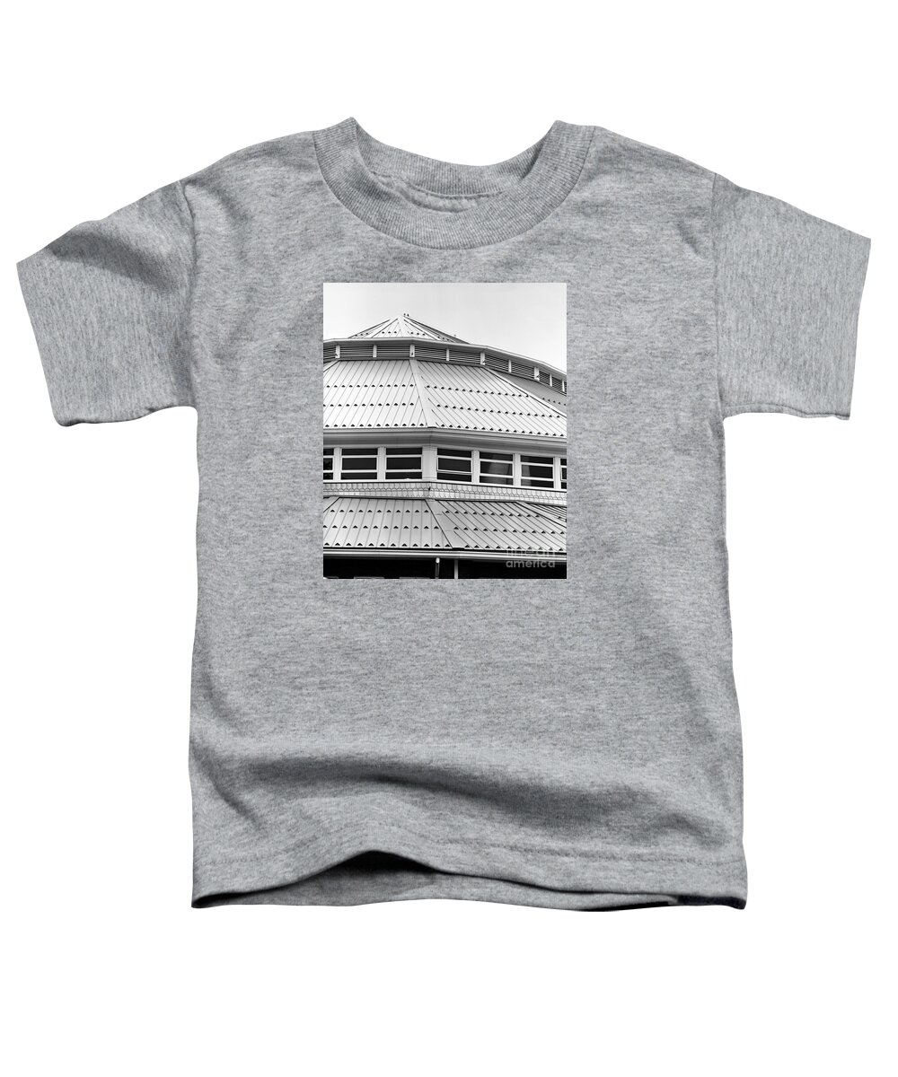 Livestock Building Roof Metal Steel Iowa State Fair Fairgrounds Black White Monochrome Toddler T-Shirt featuring the photograph Livestock Building Roof by Ken DePue