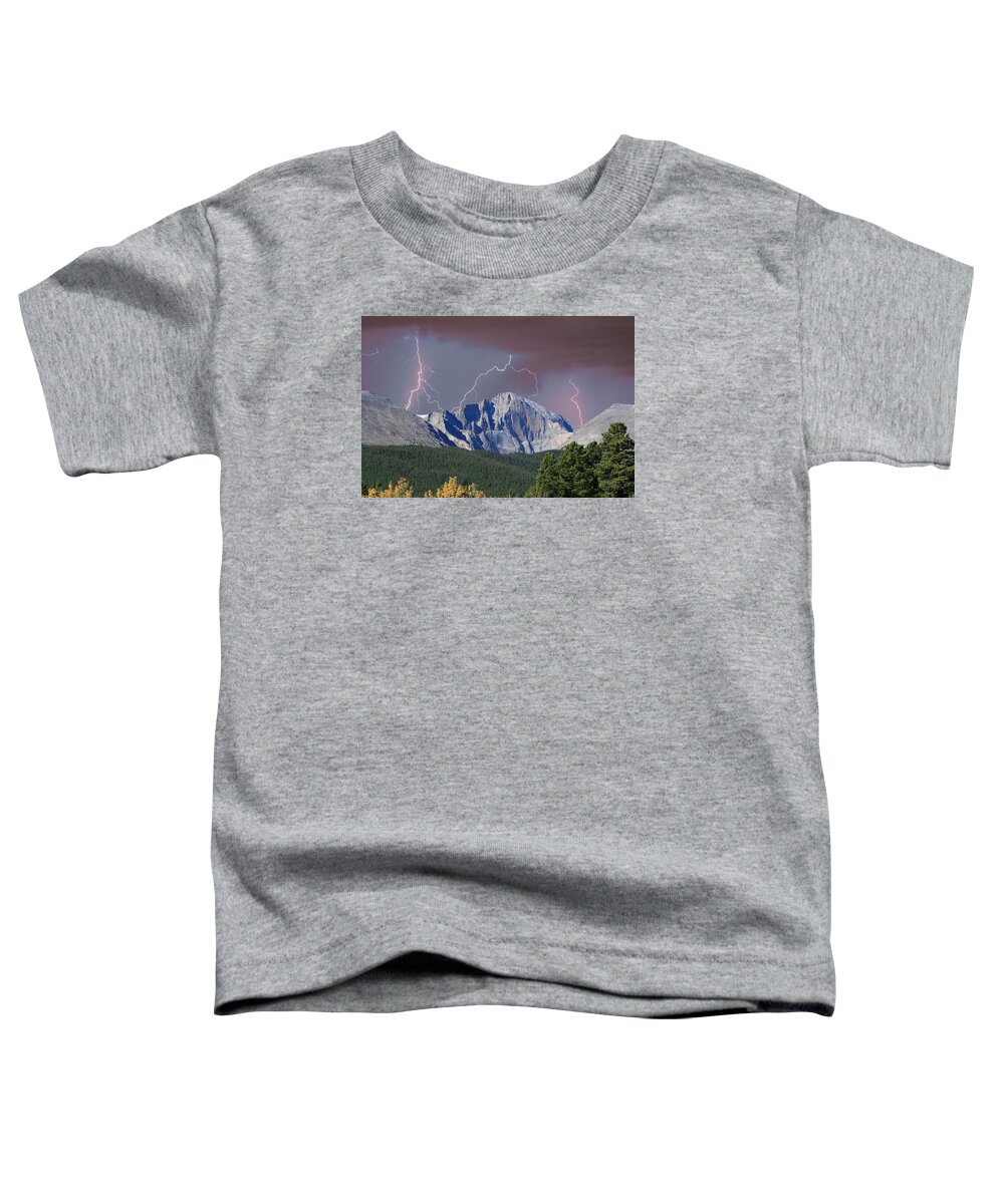 Longs Peak Toddler T-Shirt featuring the photograph Longs Peak Lightning Storm Fine Art Photography Print by James BO Insogna
