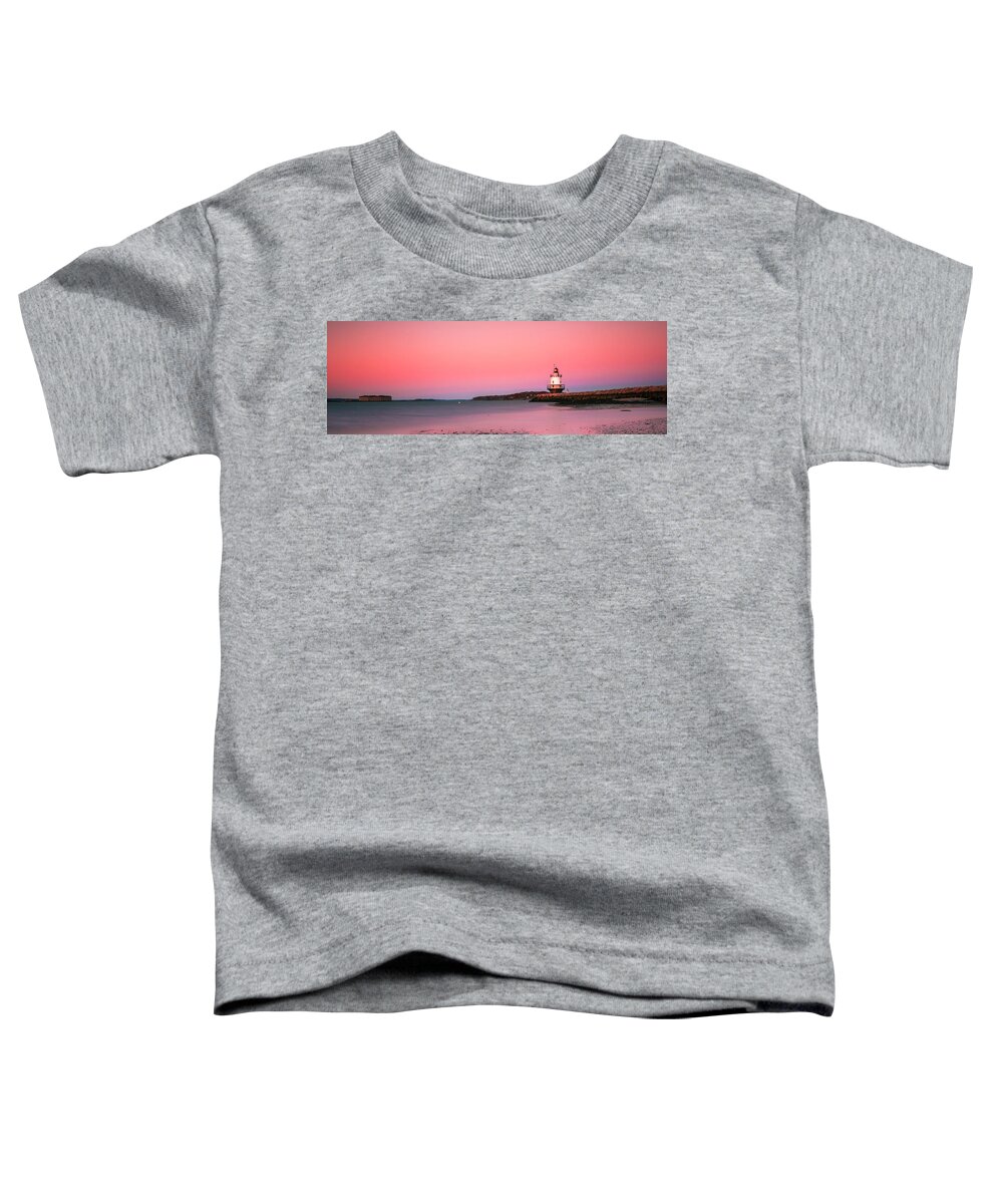 Maine Toddler T-Shirt featuring the photograph Maine Breakwater Light Sunset Panorama by Ranjay Mitra