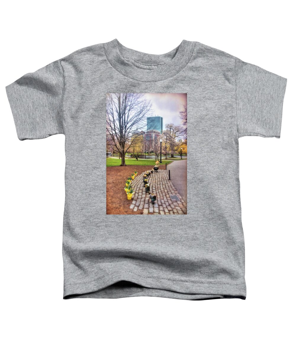 Make Way For Ducklings Toddler T-Shirt featuring the photograph Make Way for Ducklings in Spring - Boston Public Garden by Joann Vitali