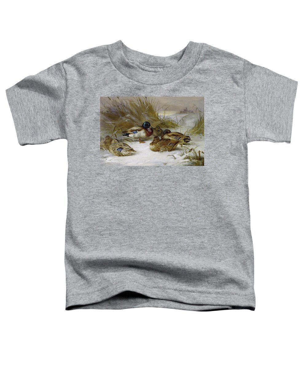 Mallards Toddler T-Shirt featuring the mixed media Mallards In The Winter Landscape by Thorburn by Movie Poster Prints