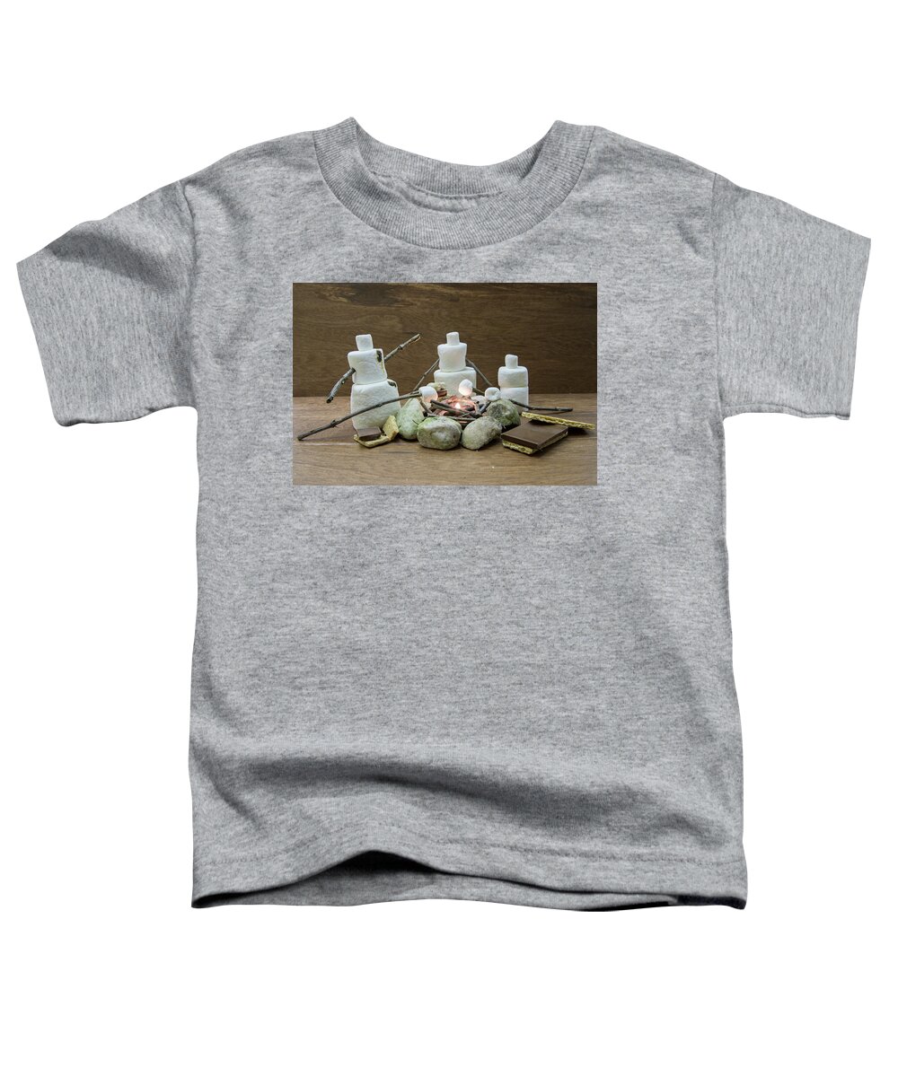 Bar Toddler T-Shirt featuring the photograph Marshmallow family making s'mores over campfire by Karen Foley