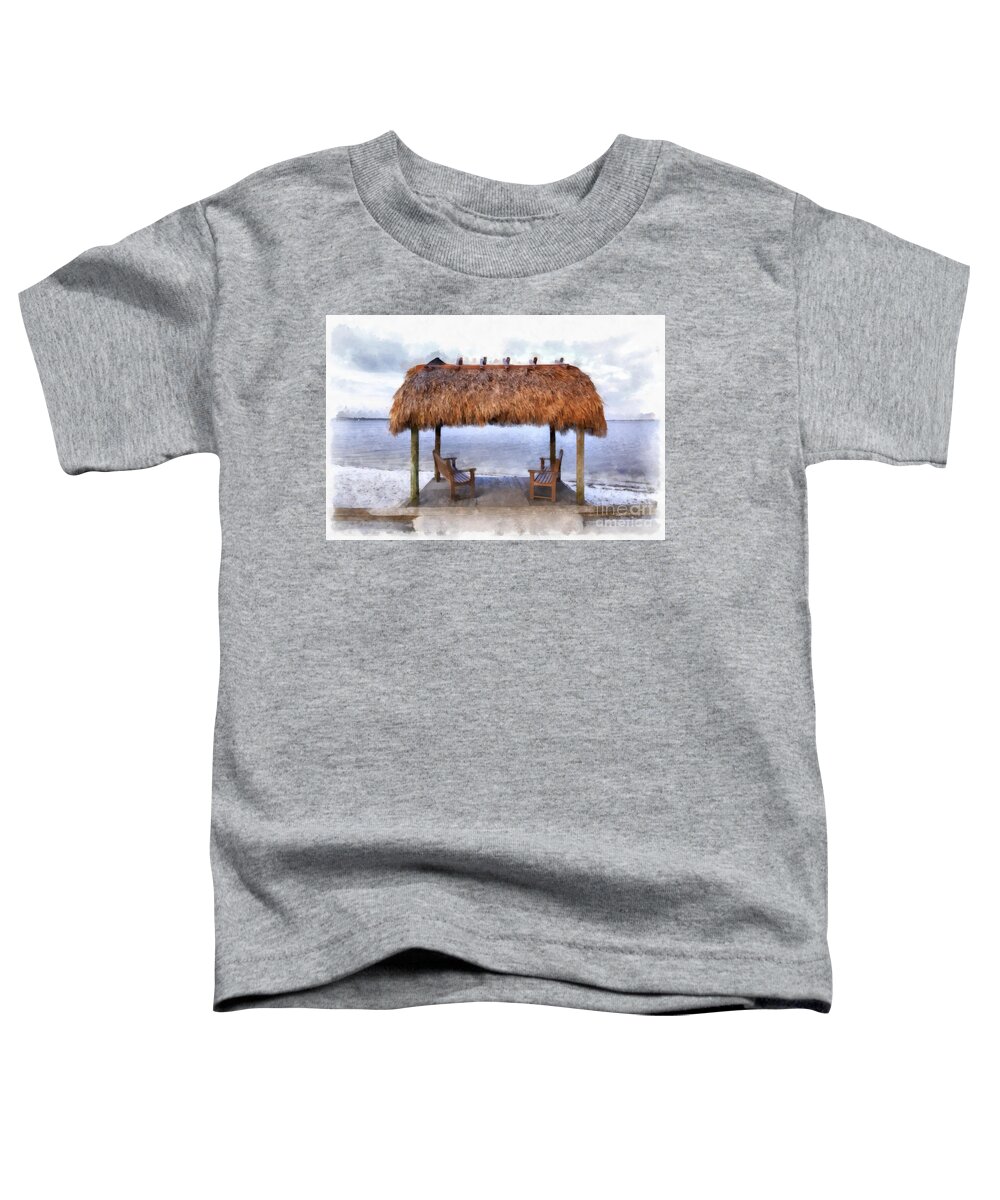 Chikee; Chickee; Hut; Dwelling; Platform; House; Stilt; Thatched; Traditional; Indian; American; Roof; Seat; Bench; Beach; Ocean; Front; Fort Myers; Post; Deck; Spot; Water; Open; Sunset Toddler T-Shirt featuring the painting Meet me under the Chickee Hut by Edward Fielding