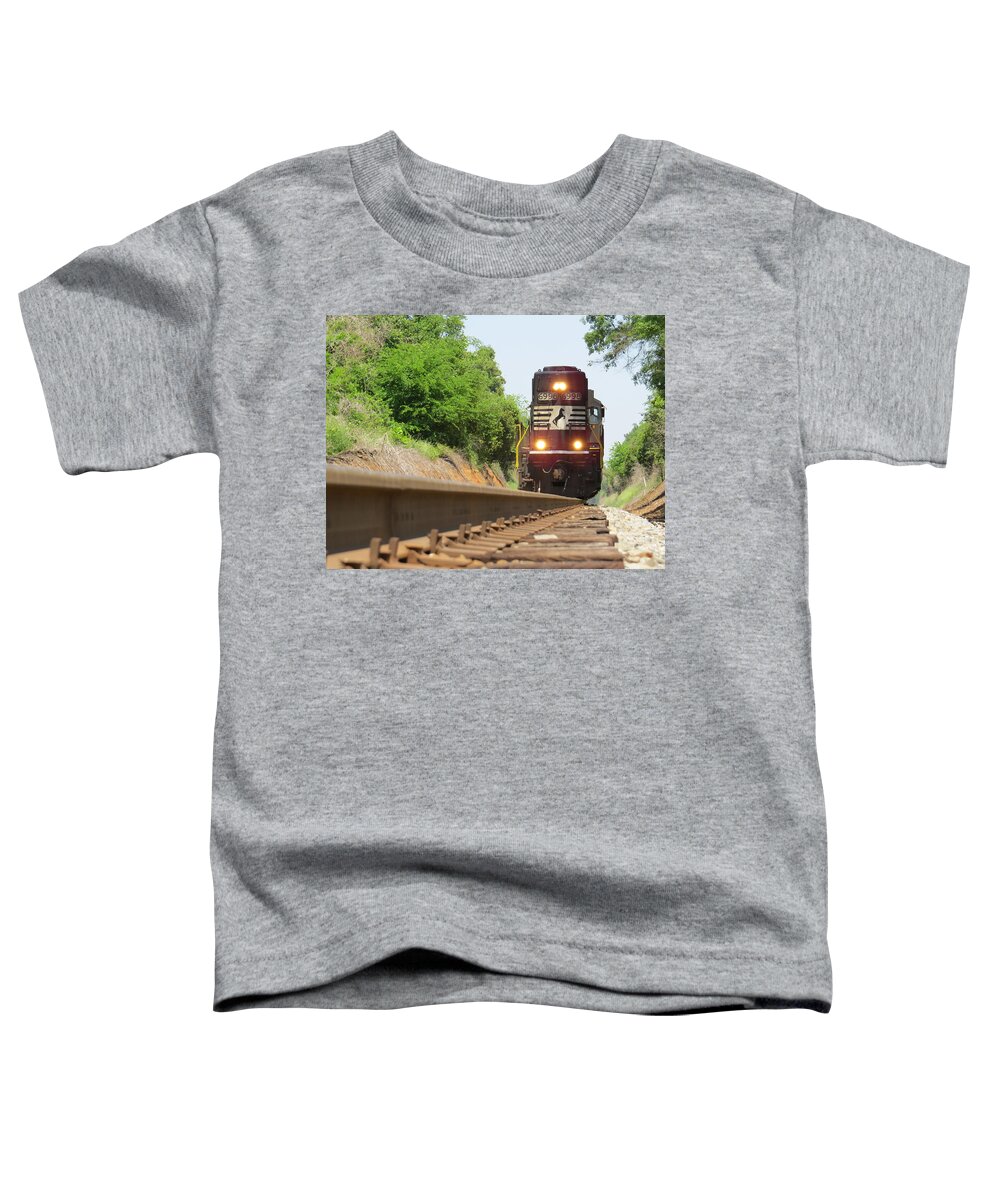 Train Toddler T-Shirt featuring the photograph Mini train moves down the track by Aaron Martens