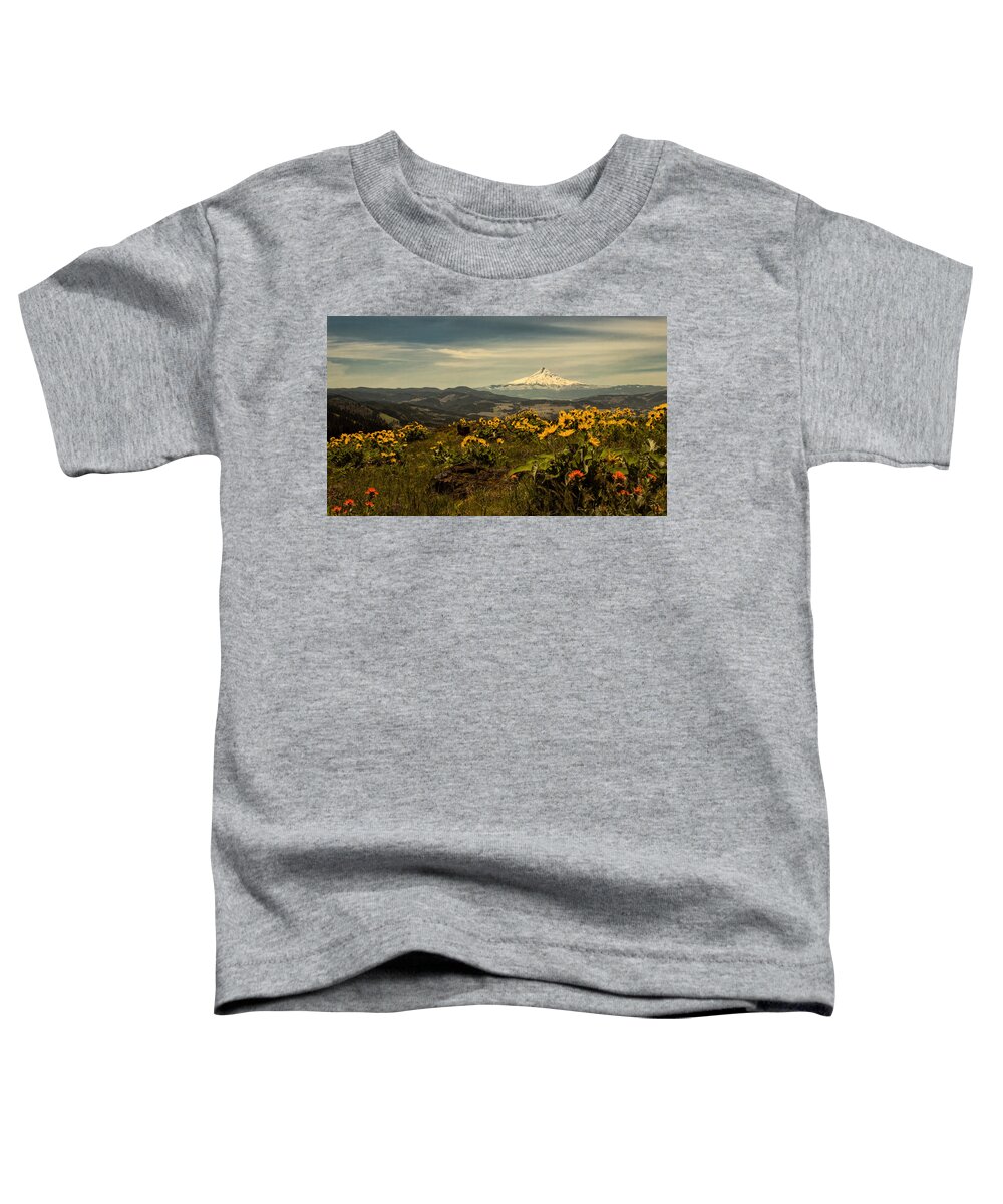 Hood River Toddler T-Shirt featuring the photograph Mt. Hood and Wildflowers by Don Schwartz