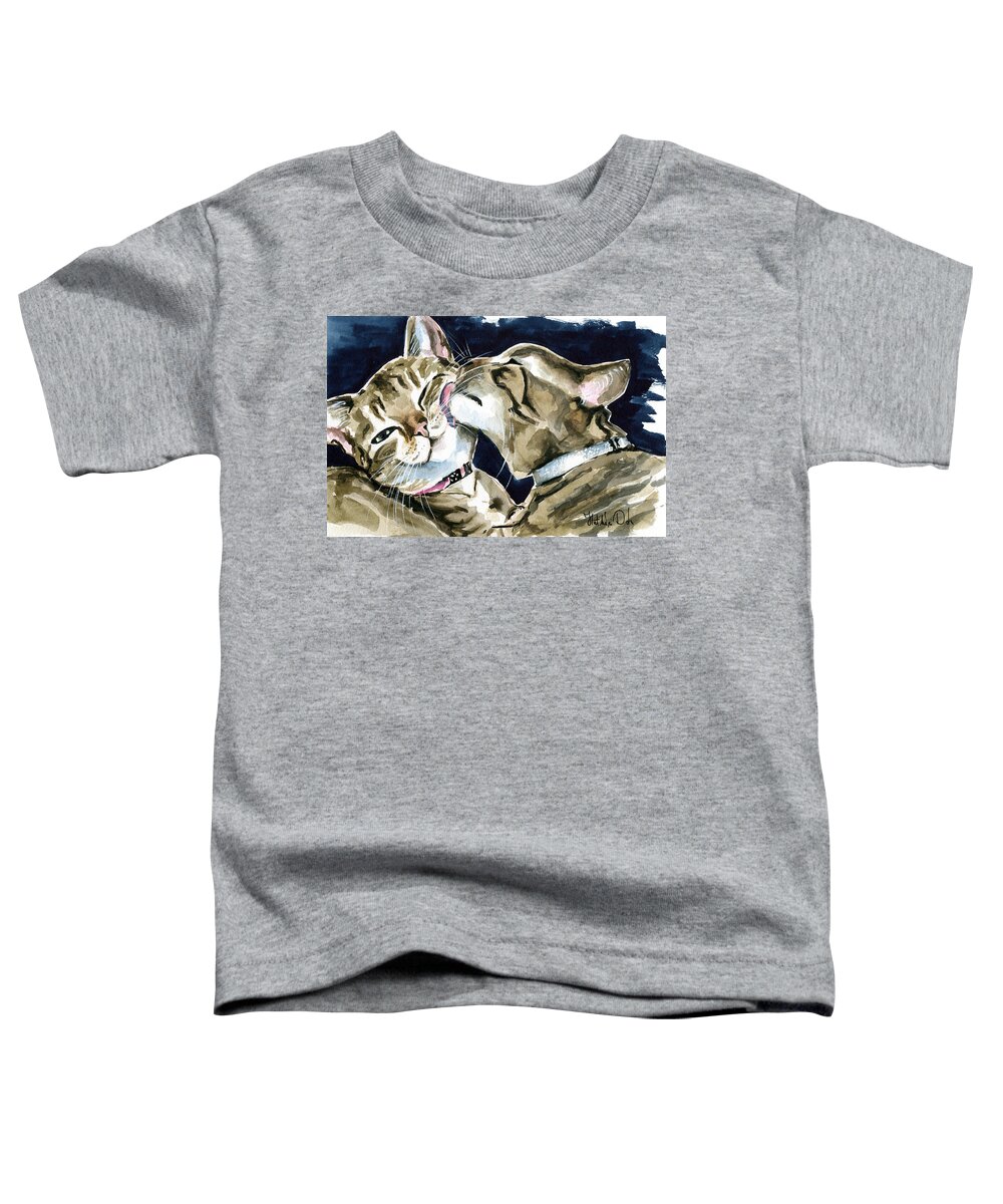 Cat Toddler T-Shirt featuring the painting Nice And Clean - Tabby Cat Painting by Dora Hathazi Mendes