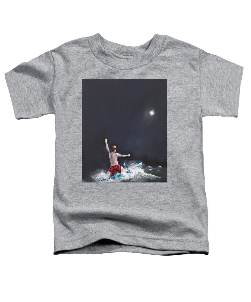 Night Life Ocean Wave Night Sport Ride Between Wave Moon Dark Play Surfing Water Seascape Sea Ocean Painting Acrylic Red Man Pleasure Light Shore Beach Toddler T-Shirt featuring the painting Night Life by Miroslaw Chelchowski