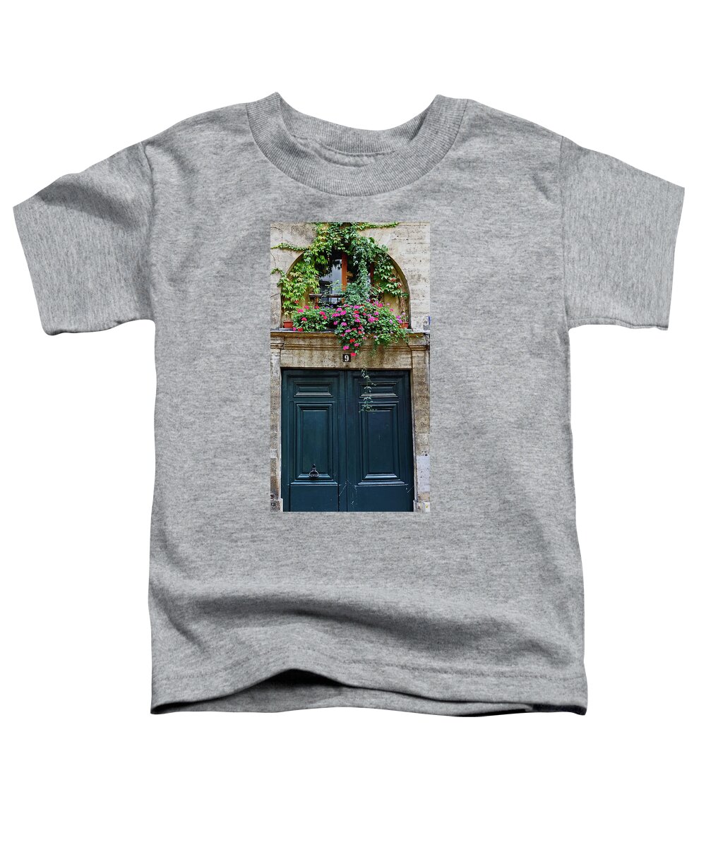 Paris Toddler T-Shirt featuring the photograph Old Door With Flowers In The Wondow In Paris, France by Rick Rosenshein