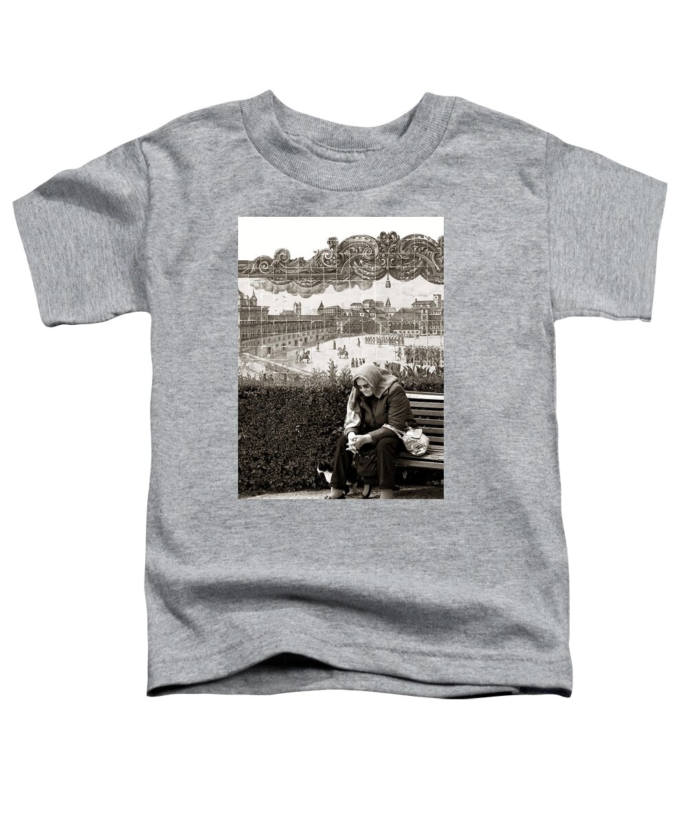 Lisbon Toddler T-Shirt featuring the photograph Old Woman Ponders With Cat Nearby by Lorraine Devon Wilke