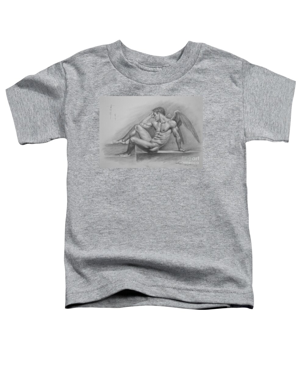 On Paper Toddler T-Shirt featuring the painting Original Charcoal Drawing Art Angel Of Male Nude On Paper #16-3-11-18 by Hongtao Huang