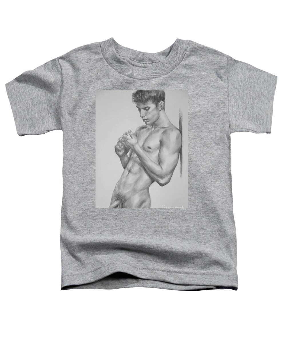 Original Art Toddler T-Shirt featuring the painting Original Charcoal Drawing Art Male Nude Man On Paper #16-3-18-05 by Hongtao Huang