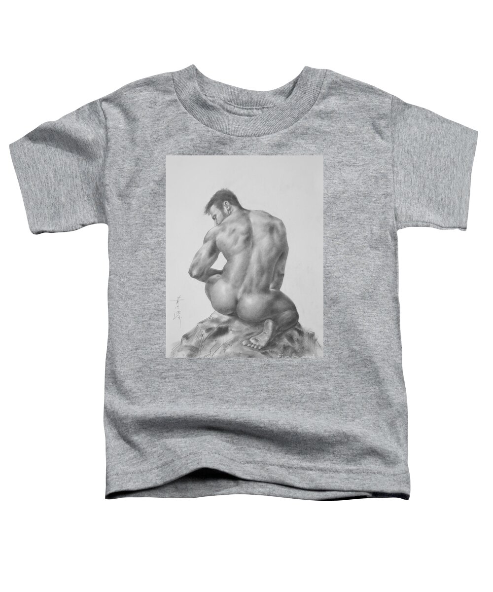 Original Art Toddler T-Shirt featuring the drawing Original Charcoal Drawing Art Male Nude On Paper #16-3-18-04 by Hongtao Huang