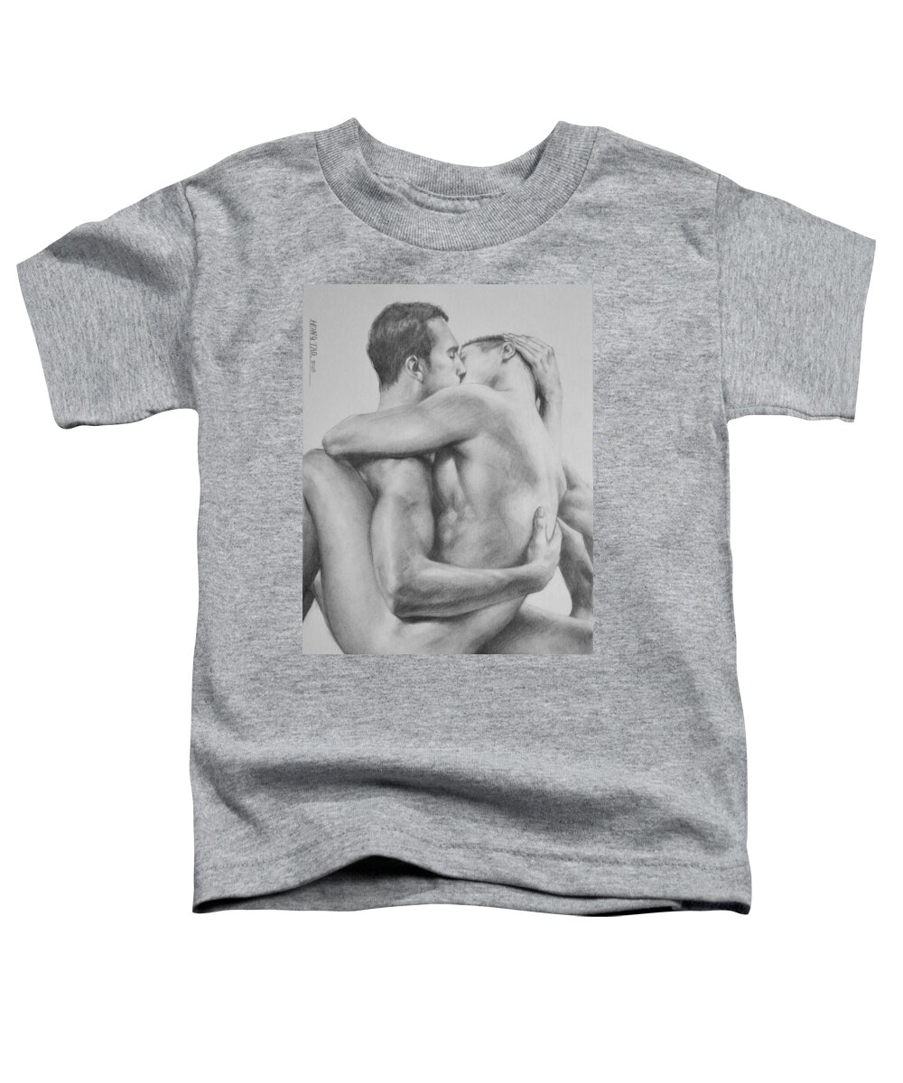 Original Art Toddler T-Shirt featuring the drawing Original Drawing Sketch Charcoal  Male Nude Gay Interest Man Art Pencil On Paper -0034 by Hongtao Huang