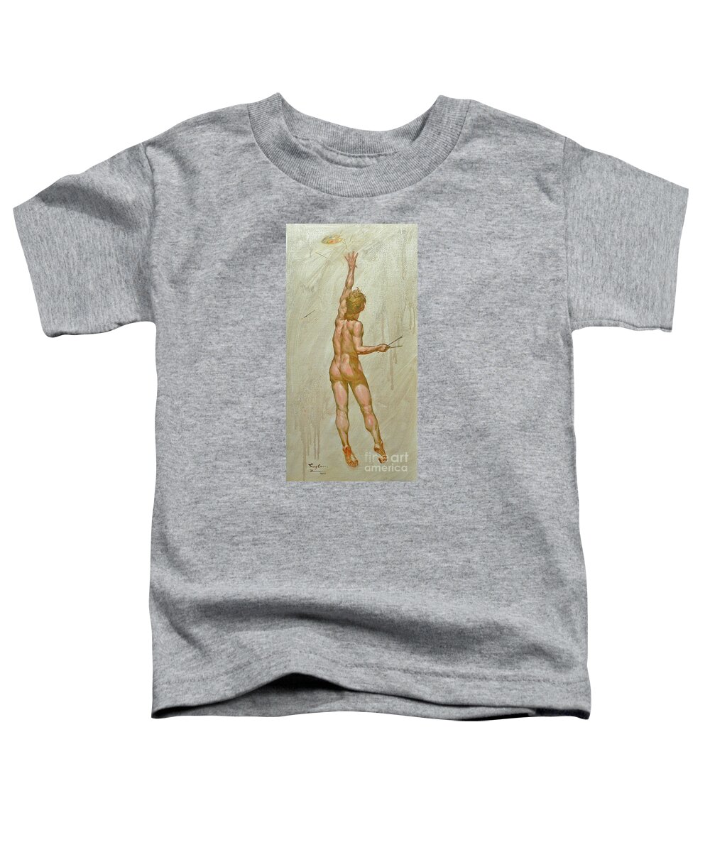 Original Toddler T-Shirt featuring the painting Original Oil Painting Art-male Nude Of Artist -013 by Hongtao Huang